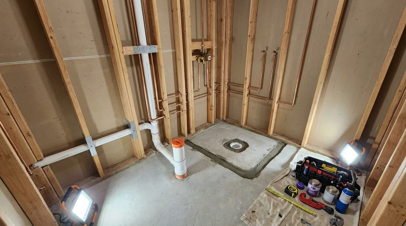 Bathroom rough-in plumbing during remodel by Johns Plumbing LLC in Mercer Island