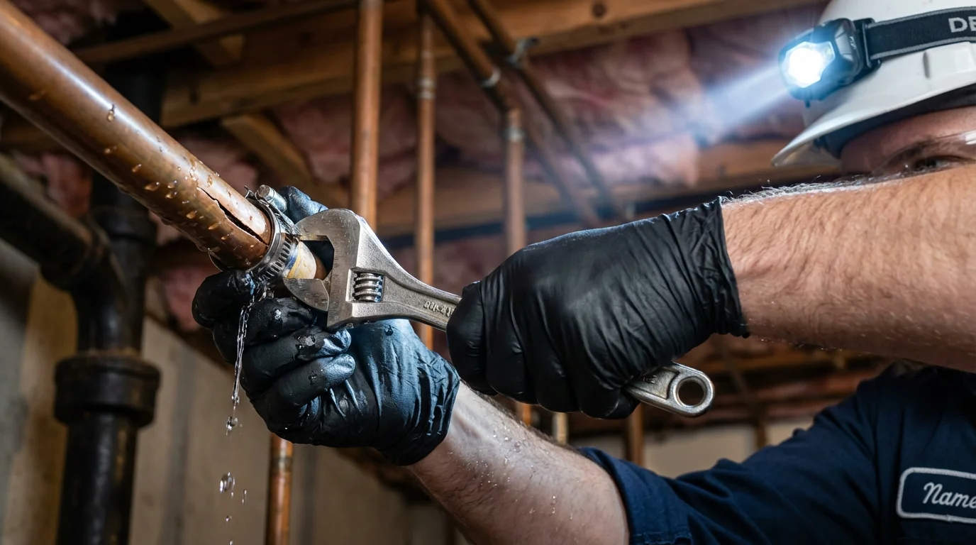 Emergency pipe clamp repair being performed by a Johns Plumbing LLC plumber in Mercer Island