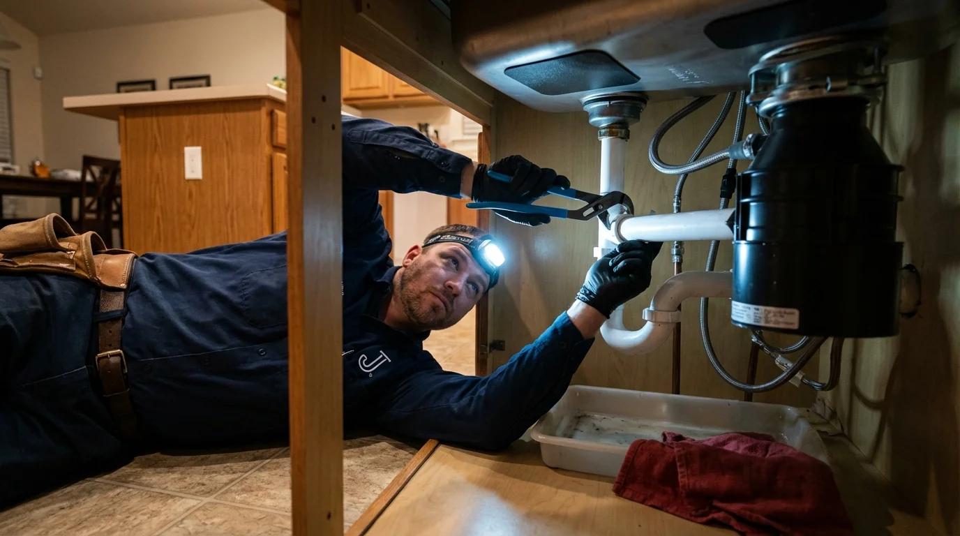 P-trap and supply line connections under a kitchen sink showing a common leak point in Mercer Island, WA