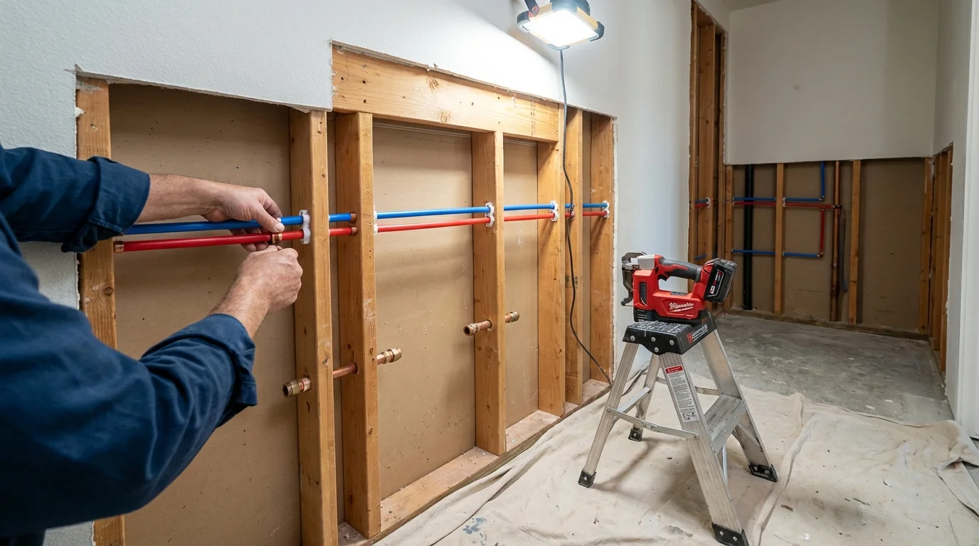 Old galvanized pipes being replaced with modern PEX piping during a whole-house repipe in Mercer Island, WA
